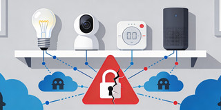 Die Illustration zeigt ein abstraktes Konzept zur Vernetzung im Smart Home. Auf einem einfachen weißen Regal, das an einer hellgrauen Wand angebracht ist, stehen von links nach rechts vier verschiedene Smart-Home-Geräte: eine leuchtende Glühbirne, eine weiße Überwachungskamera mit schwarzer Linse, ein quadratisches weißes Steuerungsmodul oder Thermostat mit der digitalen Anzeige „0.0“ und einem roten Knopf sowie ein zylinderförmiger, schwarzer Smart-Speaker. Direkt unterhalb des Regals schwebt zentral ein großes, rotes Warndreieck. In der Mitte dieses Dreiecks ist ein weißes Vorhängeschloss abgebildet, das vertikal in der Mitte durchgebrochen ist, was auf eine Sicherheitslücke hindeutet. Im unteren Bildbereich sind vier blaue Wolken-Symbole angeordnet, die für Cloud-Netzwerke stehen. Jede Wolke enthält ein dunkles, stilisiertes Haus-Icon. Ein Netzwerk aus Linien verbindet diese Elemente miteinander: Von den Geräten auf dem Regal führen durchgezogene blaue Linien mit runden Knotenpunkten nach unten zum Warndreieck. Von den Wolken unten führen gestrichelte blaue Linien ebenfalls zu diesem zentralen Dreieck. Eine Besonderheit zeigt sich auf der rechten Seite beim schwarzen Smart-Speaker: Die Verbindungslinien, die von diesem Gerät ausgehen, weisen teilweise rote statt blaue Knotenpunkte auf, was auf eine akute Bedrohung, einen Datenabfluss oder eine kompromittierte Verbindung bei diesem spezifischen Gerät aufmerksam macht. An den äußersten linken und rechten Bildrändern sind zudem Anschnitte von leeren, weißen Bilderrahmen zu erkennen.