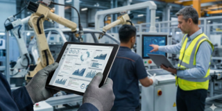 The image presents a first-person perspective inside a modern, high-tech manufacturing facility. In the sharp foreground, a pair of hands wearing grey, textured protective gloves holds a black tablet computer. The tablet screen displays a detailed analytics dashboard featuring various data visualizations in shades of blue and grey, including pie charts, bar graphs, line charts, and percentage indicators, suggesting real-time monitoring of production metrics. In the slightly out-of-focus mid-ground, two male workers are collaborating at a stationary machine control panel equipped with a monitor. The worker on the left has his back to the viewer, wears a dark blue work shirt, and is holding a laptop. Facing him in profile is a second worker wearing a high-visibility yellow safety vest over a blue shirt; he is gesturing towards the control screen as if analyzing data. The background is filled with large yellow industrial robotic arms engaged in assembly work on metal frames or car chassis along a production line.