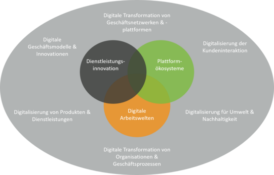 Drei überlappende Kreise mit jeweils einem der Begriffe "Dienstleistungsinnovationen", "Plattformökosysteme" und "Digitale Arbeitswelten", dahinter ein großes Oval mit den Begriffen "Digitale Transformation von Geschäftsnetzwerken & -plattformen", "Digitalisierung der Kundeninteraktion", "Digitalisierung für Umwelt & Nachhaltigkeit", "Digitale Transformation von Organisationen & Geschäftsprozessen", "Digitalisierung von Produkten und Dienstleistungen" und "Digitale Geschäftsmodelle & Innovationen"