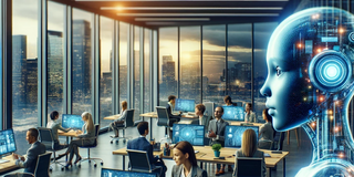 Symbolbild Mensch-KI-Teaming Futuristisches Büro mit Robotern und Menschen