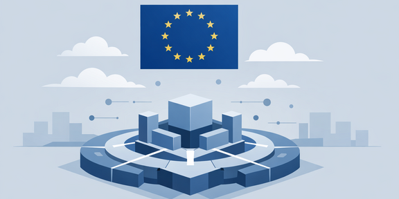 An isometric vector illustration rendered in monochromatic shades of blue and grey, depicting themes of digital infrastructure and governance. At the top center, the flag of the European Union is clearly displayed with its circle of twelve yellow stars on a blue field. Beneath the flag sits a stylized, complex geometric structure resting on a circular, tiered base. This structure features a central cube surrounded by smaller rectangular blocks and connecting lines, resembling a digital platform, server architecture, or a circuit board. Floating around the structure are small spheres and lines indicating connectivity. In the background, stylized white clouds float above a faint, minimalist city skyline silhouette on the horizon. The image utilizes a flat design aesthetic to symbolize technology under European oversight.