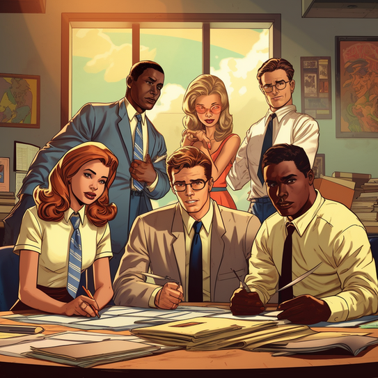 Das Bild im Stil eines klassischen Comics oder einer Graphic Novel zeigt eine Gruppe von sechs Personen, die in einem sonnendurchfluteten Büro um einen großen Holztisch versammelt sind. Die Szene ist in warmen Farbtönen gehalten, und durch ein großes Fenster im Hintergrund scheint die Nachmittagssonne. Im Vordergrund sitzen drei Personen am Tisch, der mit zahlreichen Dokumenten, Akten und Stiften bedeckt ist. Links sitzt eine Frau mit langen, rötlichen Haaren, die eine weiße Bluse und eine blau-weiß gestreifte Krawatte trägt. Sie blickt direkt zum Betrachter und hält einen Stift in der Hand. In der Mitte sitzt ein Mann mit Brille und hellbraunem Haar in einem hellen Anzug, der konzentriert auf die Papiere vor sich blickt und ebenfalls einen Stift zum Schreiben ansetzt. Rechts von ihm beugt sich ein schwarzer Mann in einem hellgelben Hemd und dunkler Krawatte über die Unterlagen.  Hinter diesen drei sitzenden Personen stehen drei weitere. Links steht ein schwarzer Mann in einem blauen Anzug, der sich mit ernster Miene über die Schulter des Mannes in der Mitte beugt, um auf die Dokumente zu schauen. In der Mitte des Hintergrunds steht eine Frau mit blonden Haaren, die eine rote, modische Sonnenbrille und ein rotes Kleid trägt. Sie hat die Hände vor dem Gesicht gefaltet und blickt mit einem neugierigen oder besorgten Ausdruck auf das Geschehen. Ganz rechts steht ein Mann mit dunklem Haar und Brille in einem weißen Hemd mit hochgekrempelten Ärmeln und einer Krawatte. Er hat die Arme verschränkt und blickt mit einem selbstbewussten Ausdruck direkt aus dem Bild. Die Wände des Büros sind mit gerahmten Bildern und Aktenstapeln dekoriert, was die geschäftige Atmosphäre unterstreicht.