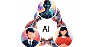 Eine stilisierte Infografik auf weißem Hintergrund illustriert das Konzept der künstlichen Intelligenz. Im exakten Zentrum des Bildes stehen die beiden großen, schwarzen Buchstaben "AI". Um dieses Zentrum ist eine dreieckige Anordnung von drei runden Medaillons platziert. Das obere, zentrale Medaillon zeigt einen futuristischen, dunklen Roboter oder Androiden, dessen Kopf und Rumpf mit einem leuchtend blauen, neonartigen Schaltungsmuster überzogen sind und dessen Augen hellblau glühen. Die beiden unteren Medaillons zeigen stilisierte Menschen: links ein Mann mit dunklem Haar im Anzug mit blauer Krawatte und rechts eine Frau mit langen, dunklen Haaren und einem roten Oberteil. Alle drei Kreise sind durch dicke, dynamisch fließende Bänder miteinander verbunden, die wie organische Kabel oder Datenströme in Schwarz, Orange, Rot und Blau aussehen und die Verbindung und Interaktion zwischen KI, Mann und Frau symbolisieren.